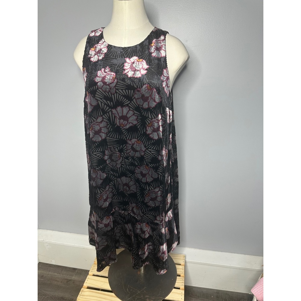LOFT Floral Velvet Burnout Ruffle Hem Shift Dress Sleeveless Black Pink Small